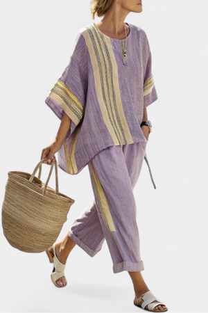 Elowric | Elegant Lavender Top & Mustard Striped Pants Aurevea Atelier