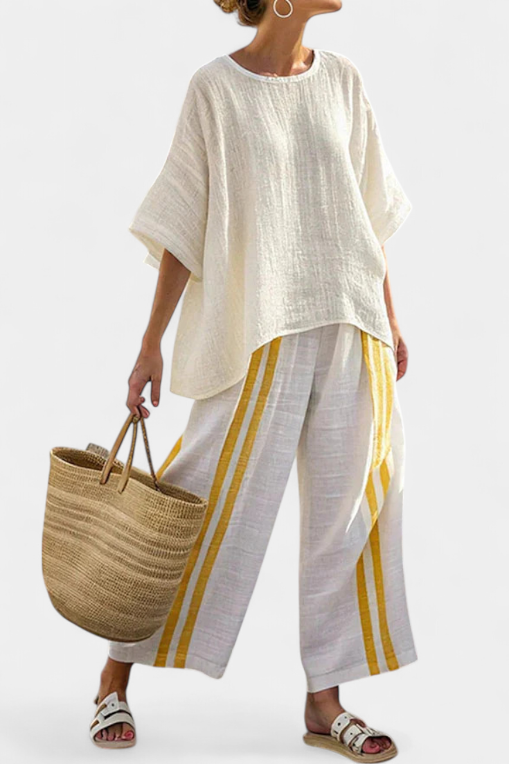 Anselor | Elegant Yellow Striped Linen Top & Wide-Leg Pants Aurevea Atelier