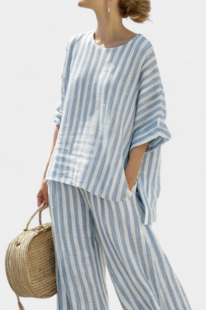 Rensleigh | Sophisticated Blue Striped Linen Top & Relaxed Pants Aurevea Atelier