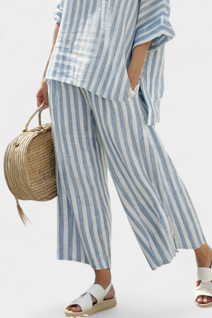 Rensleigh | Sophisticated Blue Striped Linen Top & Relaxed Pants Aurevea Atelier