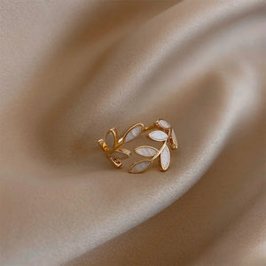Adjustable Gold Ring with White Opal Leaf Aurevea Atelier