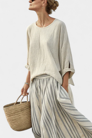 Aurcyn | Comfortable Loose Blouse & Striped Midi Skirt Aurevea Atelier