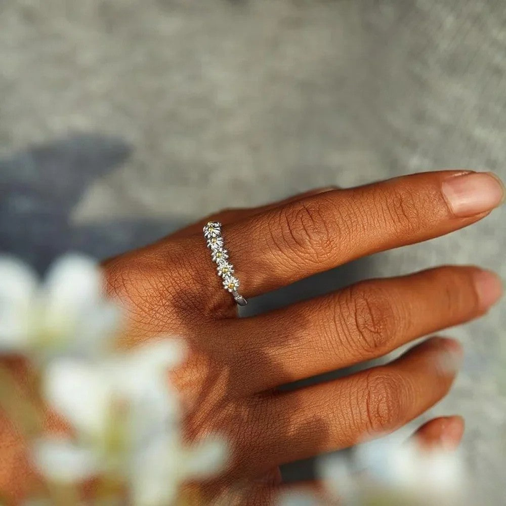 Adjustable Silver Ring with Hand-Painted Enamel Daisy Aurevea Atelier
