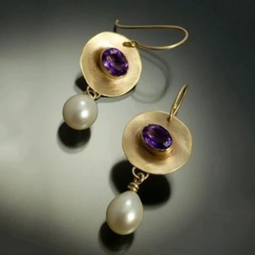 Vintage Gold Earrings with Purple Zirconia and Pearls Aurevea Atelier