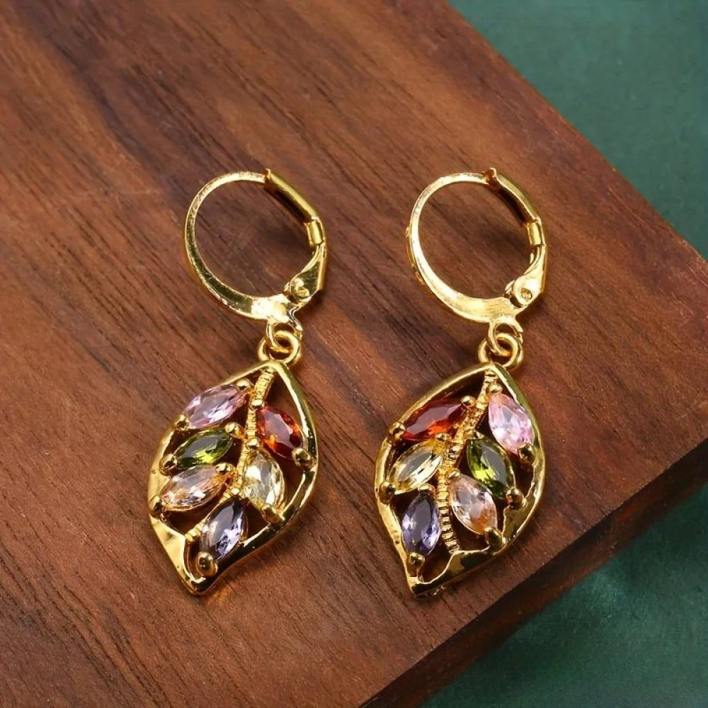 Vintage Golden Leaf Earrings with Colorful Zirconia Aurevea Atelier