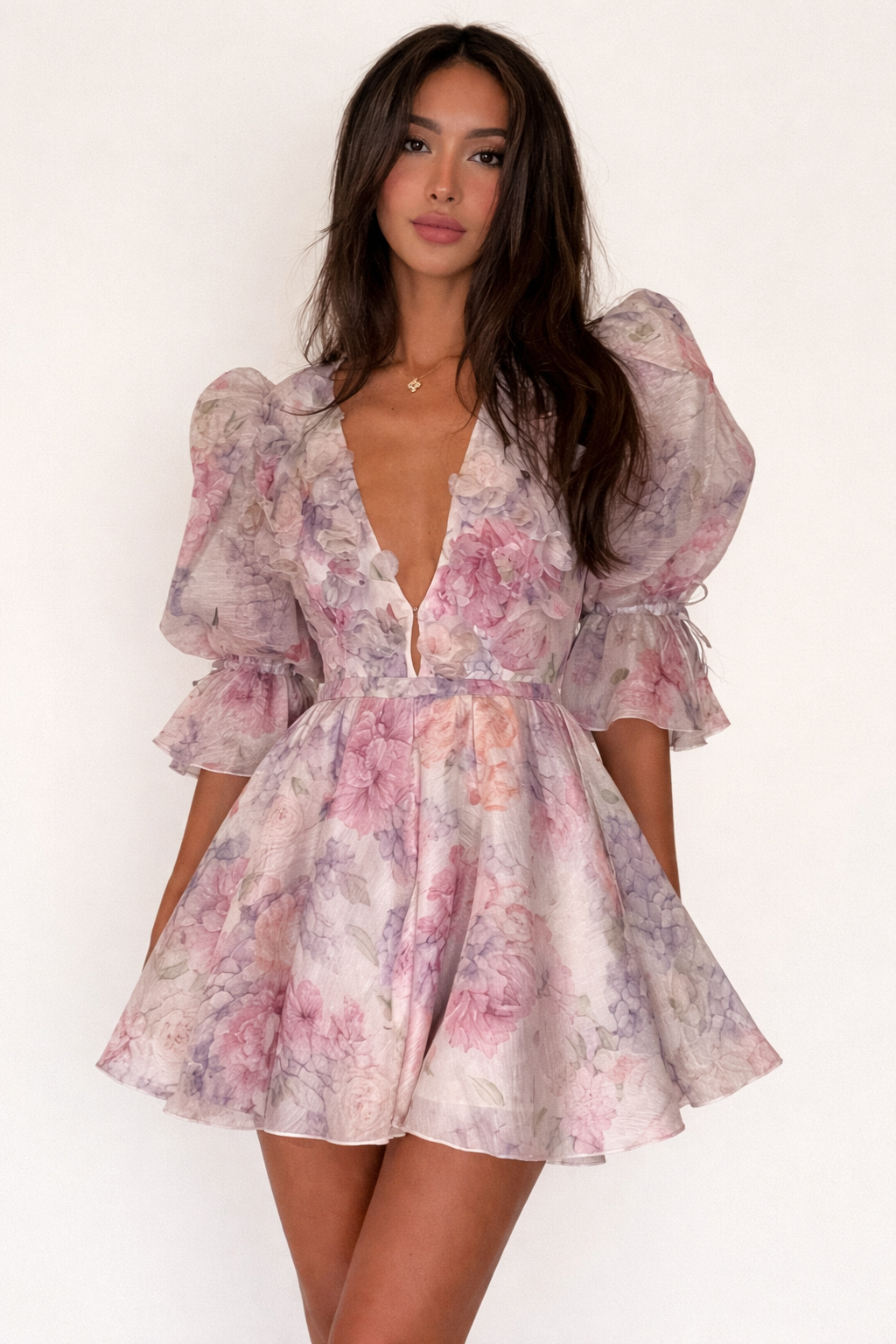 Luxury Floral Mini Dress – Elegant V-Neck with Puff Sleeves