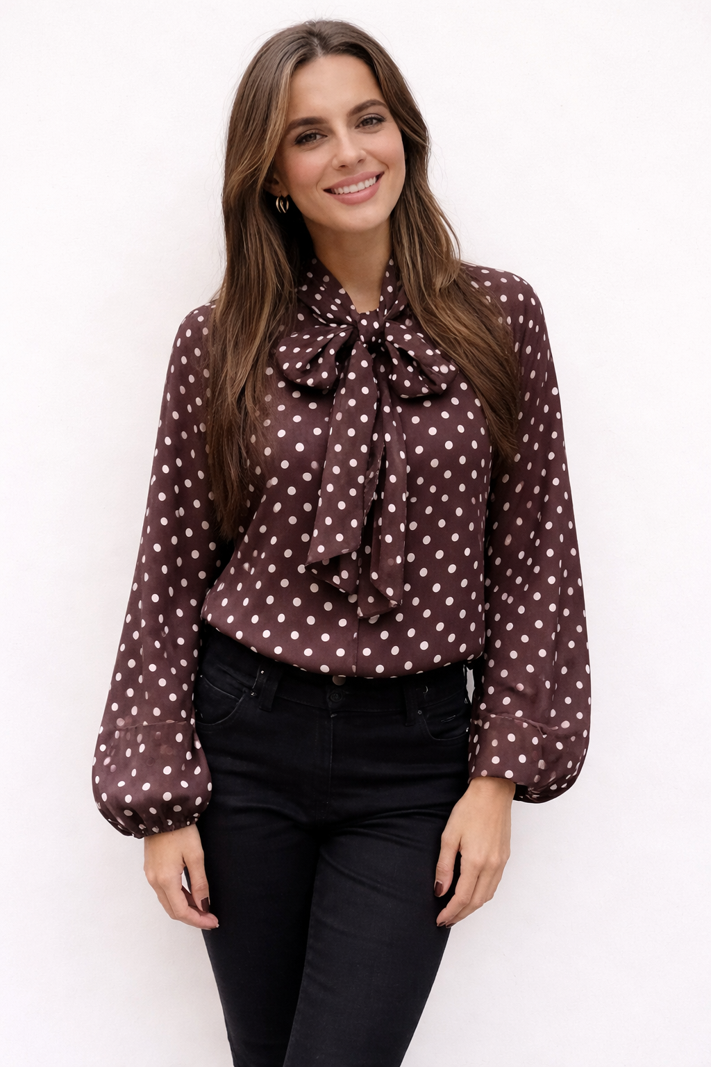 Elegant Polka Dot Blouse – Lace-Up Long Sleeve