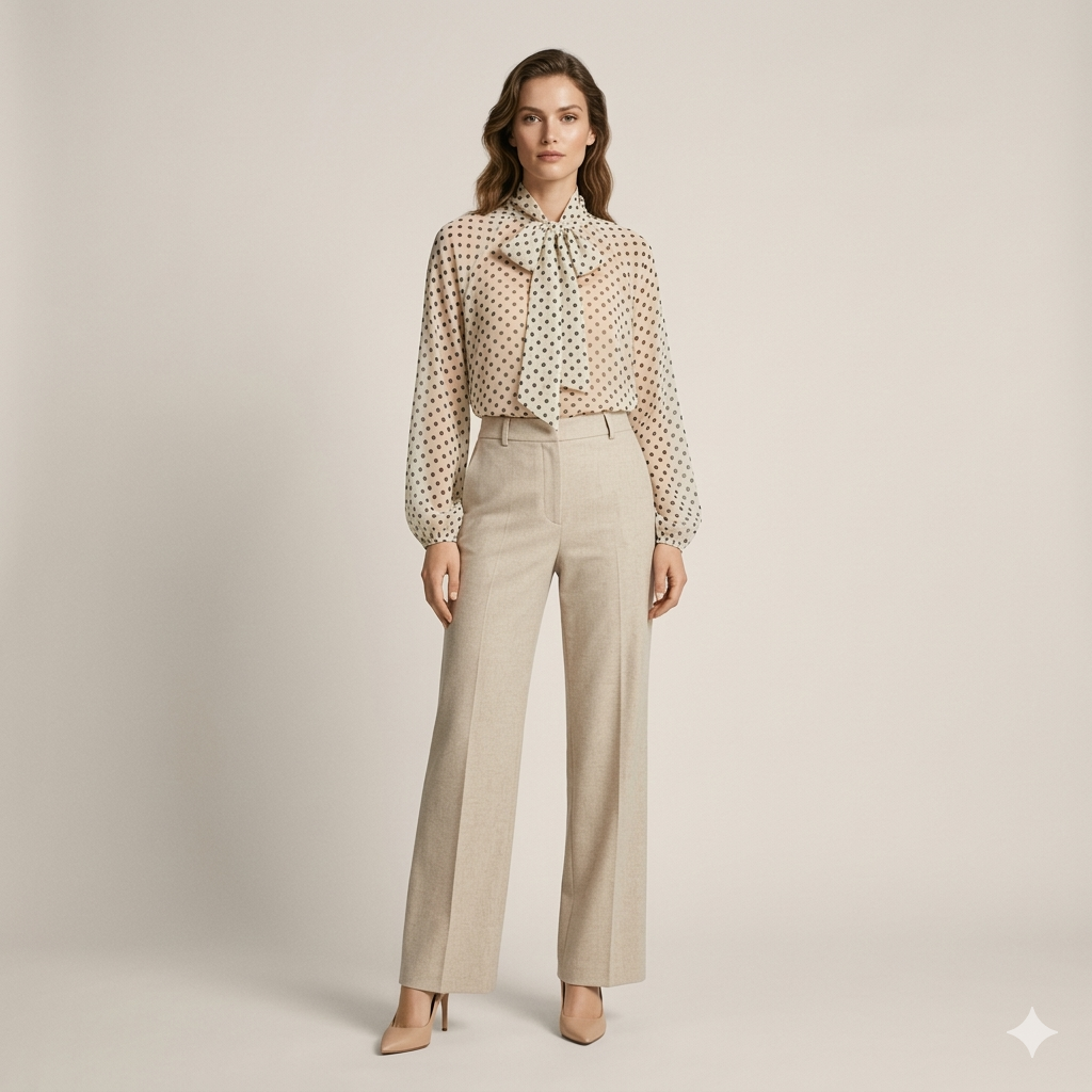 Elegant Polka Dot Blouse – Lace-Up Long Sleeve