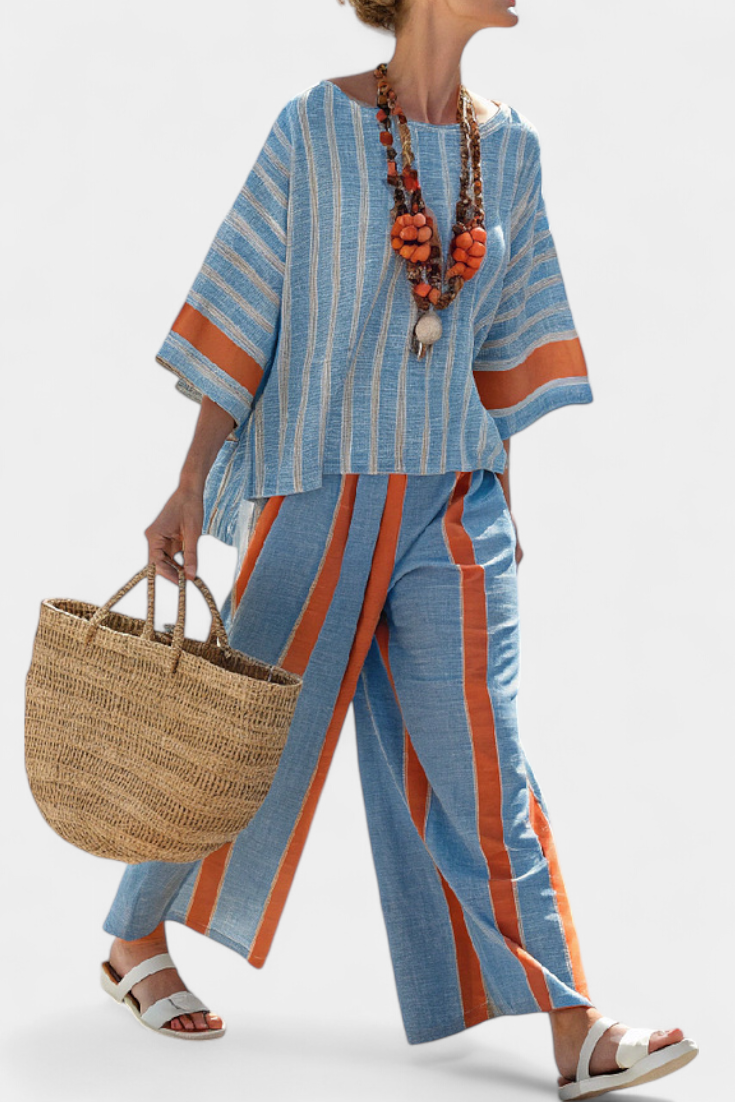 Velmere | Sophisticated Terracotta Striped Top & Linen Pants Aurevea Atelier