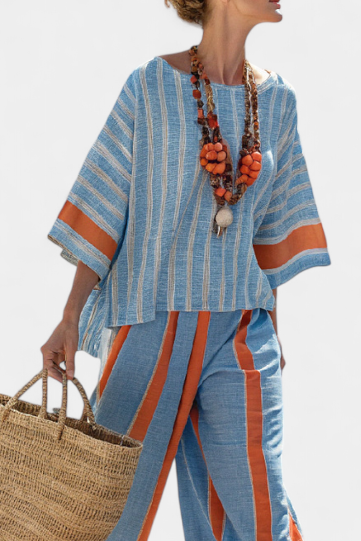 Velmere | Sophisticated Terracotta Striped Top & Linen Pants Aurevea Atelier