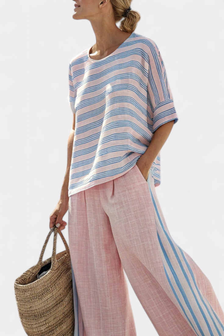 Virella | Elegant Pink-Blue Linen Blouse & Soft Pants Aurevea Atelier