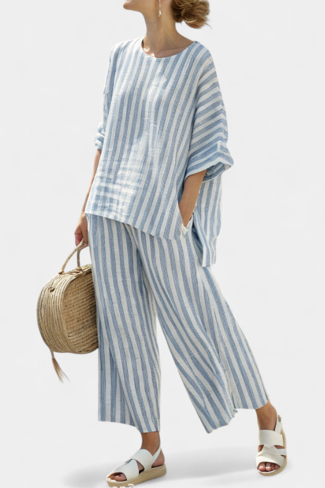 Rensleigh | Sophisticated Blue Striped Linen Top & Relaxed Pants Aurevea Atelier