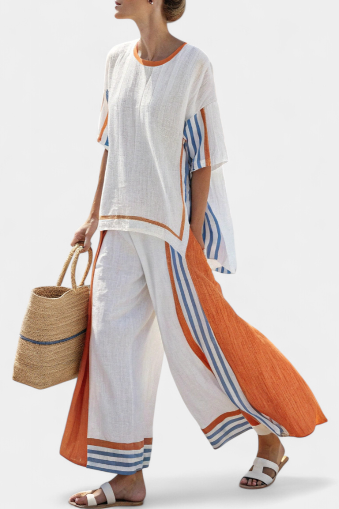 Thorneil | Comfortable Wide-Leg Striped Pants & Linen Top Aurevea Atelier