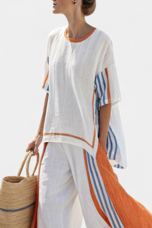 Thorneil | Comfortable Wide-Leg Striped Pants & Linen Top Aurevea Atelier