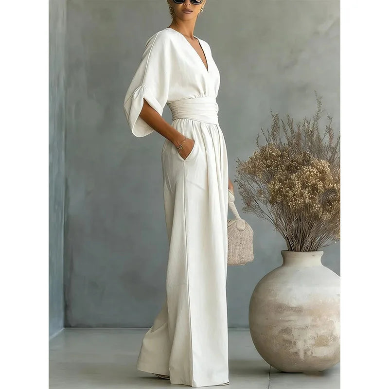 Elegant V-Neck Wide Leg Jumpsuit – Flattering High Waist Fit