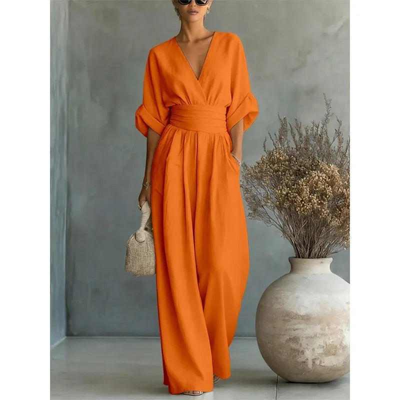 Elegant V-Neck Wide Leg Jumpsuit – Flattering High Waist Fit