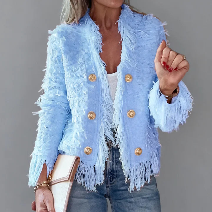 Chic Tweed Fringe Blazer with Gold Buttons