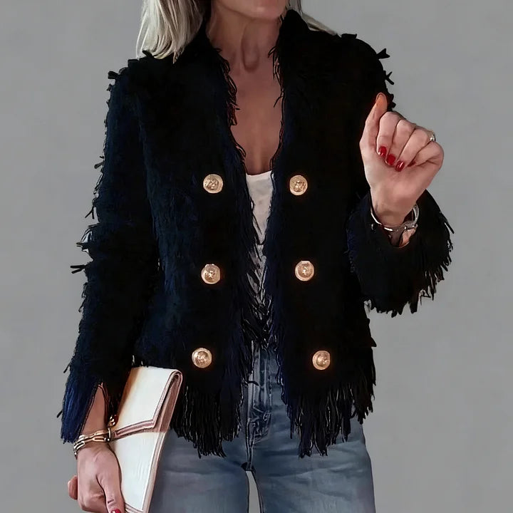 Chic Tweed Fringe Blazer with Gold Buttons