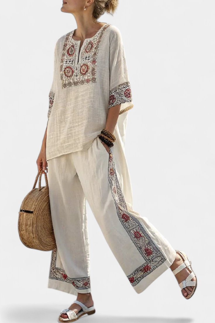 Tameric | Sophisticated Embroidered Raw Blouse & Wide Pants Aurevea Atelier