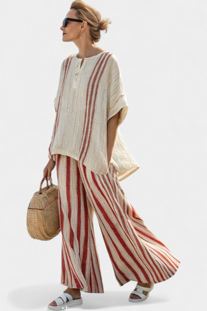 Mirella | Sophisticated Textured Red-Stripe Top & Linen Pants Aurevea Atelier